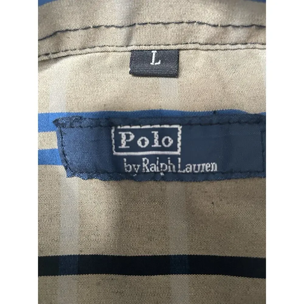 Polo Ralph Lauren Shirt Mens Large Tan Blue Plaid Striped Button Front Cotton